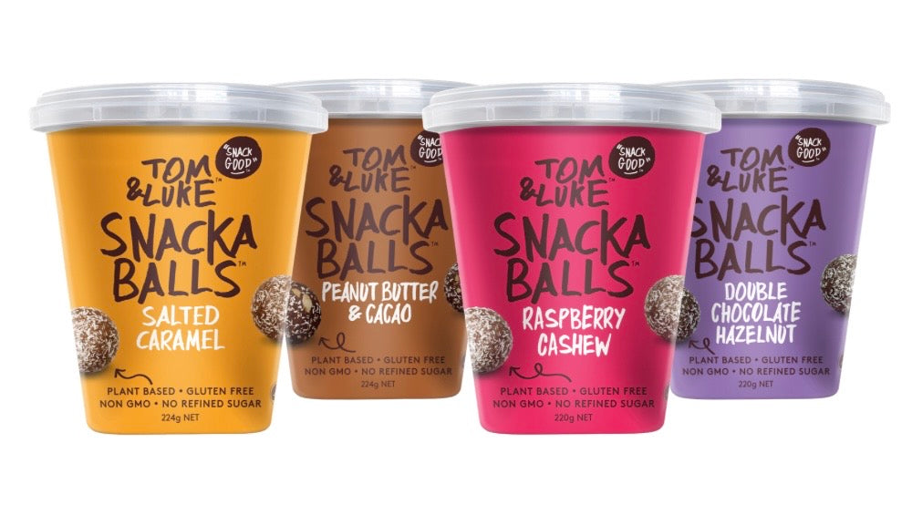 4 punnets of Tom and Luke Tom&Luke Snackaballs Raspberry Cashew, Peanut Butter & Cacao, Salted Caramel, Double Choc Hazlenut flavours