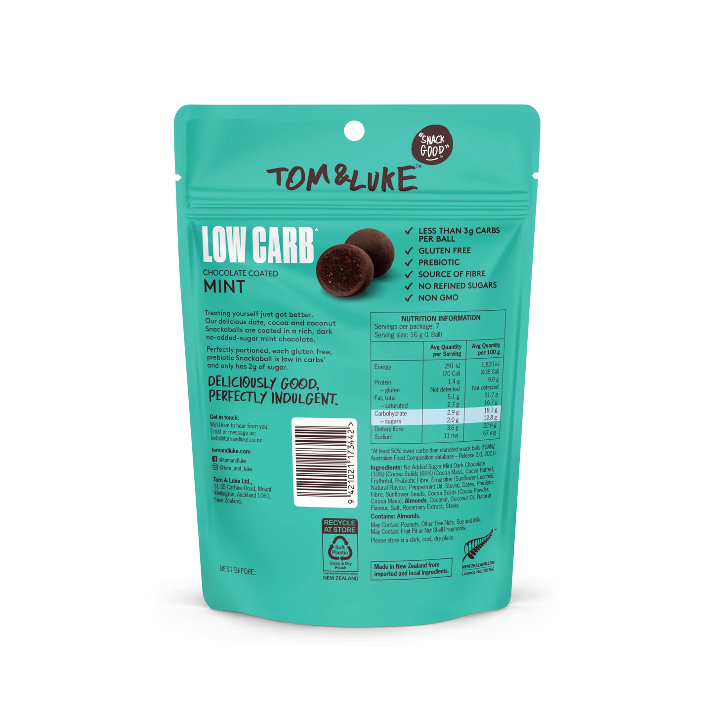 Tom & Luke Snackaballs - Low Carb - Mint - 9 Pouch Box