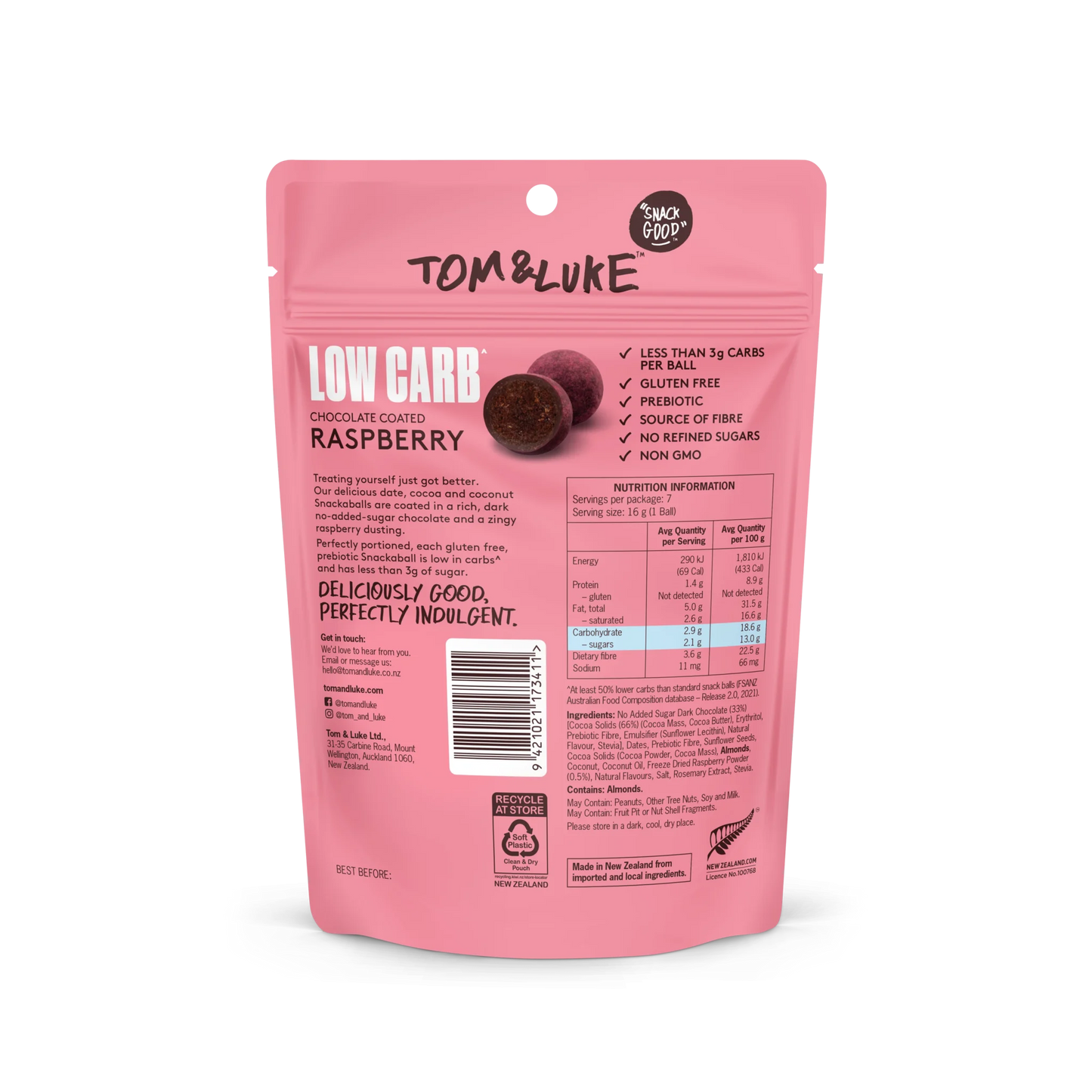 Tom & Luke Snackaballs - Low Carb - Raspberry - 9 Pouch Box