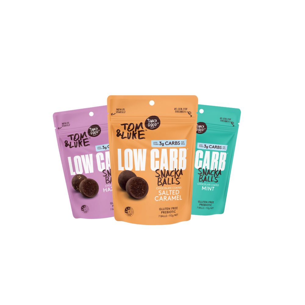 Three packets of Tom and Luke Snackaballs. Salted Caramel, Hazlenut and Mint. Delicious and nutritious snacks from New Zealand.